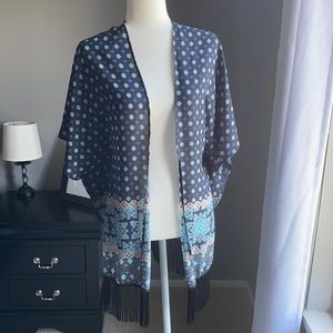 Navy Blue Patterned Kimono Top